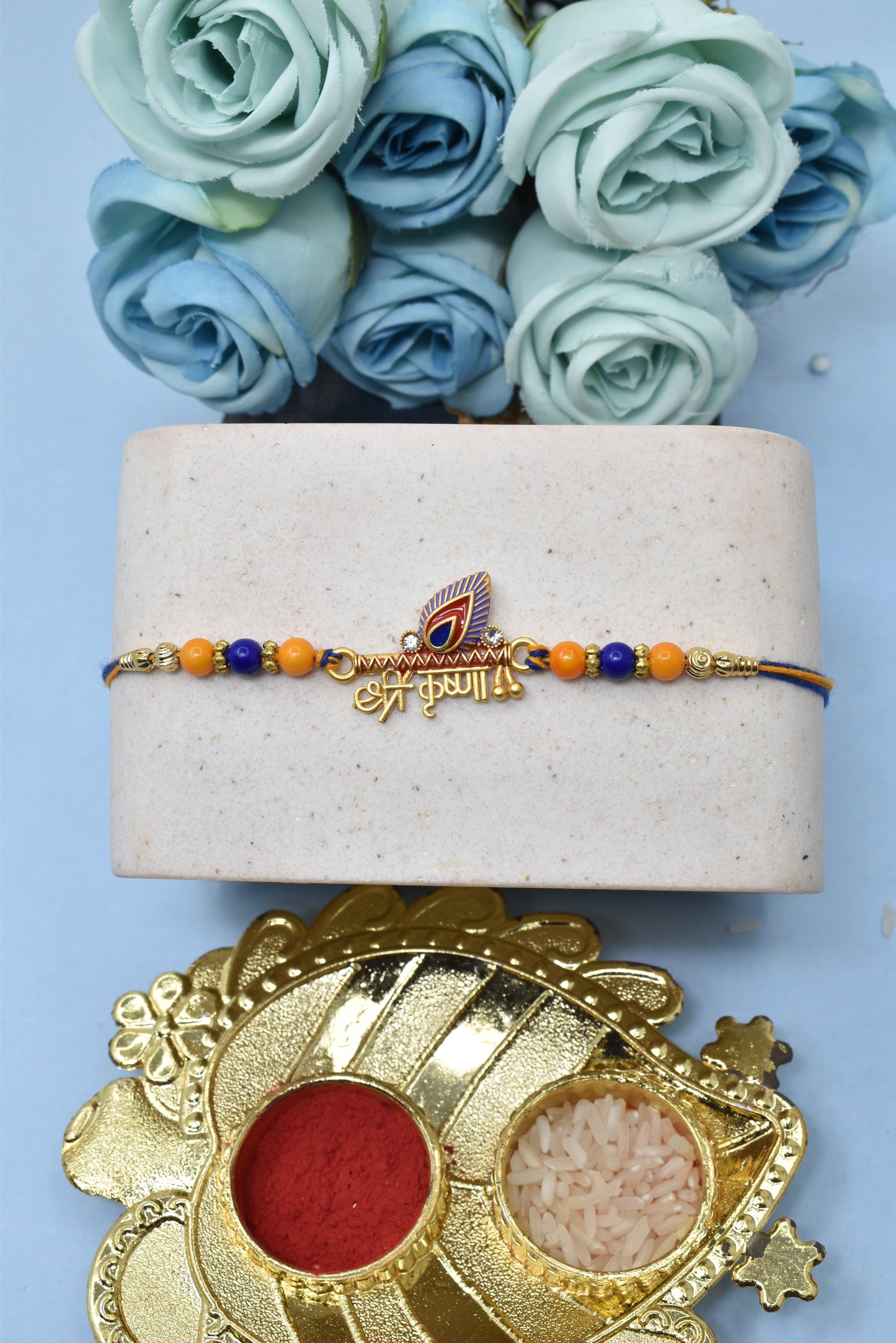 Rakhi Shree Krishana with Blue n orange Beads Morpankh Rakhis Set of 3 Rakhi   with Pack of Roli Chawal n Card |rakhi for brother|Bhaiya Rakhi | Kids rakhi |Rakhi for kids|Rakhi for Bhaiya