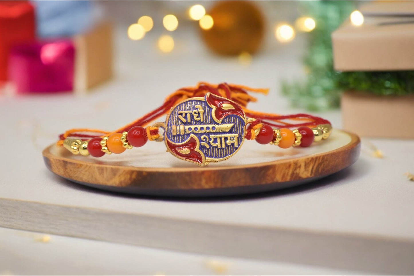 Rakhi Radhe Shyam with Red n orange Beads Rakhis  Set of 5 Rakhi   with Pack of Roli Chawal n Card |rakhi for brother|Bhaiya Rakhi | Kids rakhi |Rakhi for kids|Rakhi for Bhaiya