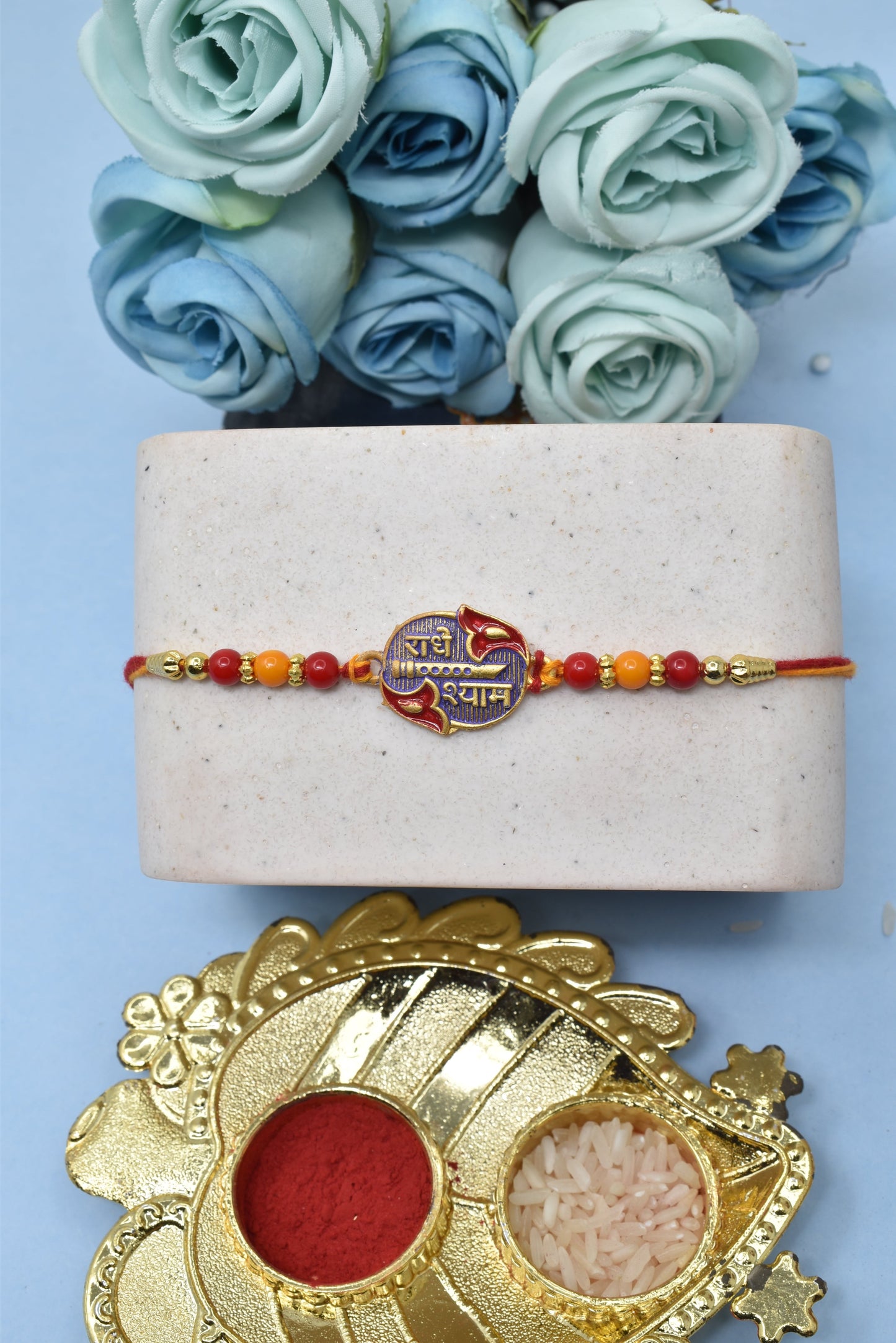 Rakhi Radhe Shyam with Red n orange Beads Rakhis  Set of 5 Rakhi   with Pack of Roli Chawal n Card |rakhi for brother|Bhaiya Rakhi | Kids rakhi |Rakhi for kids|Rakhi for Bhaiya