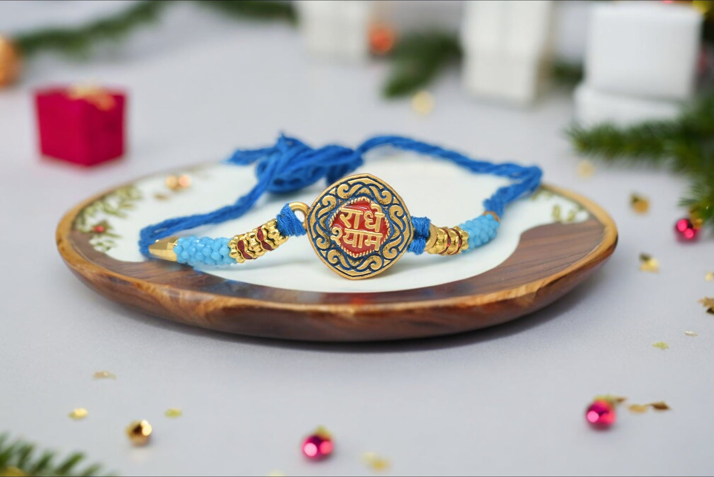 Rakhi Radhe shyam Rakhi with Blue Beads Rakhis  Set of 5 Rakhi   with Pack of Roli Chawal n Card |rakhi for brother|Bhaiya Rakhi | Kids rakhi |Rakhi for kids|Rakhi for Bhaiya