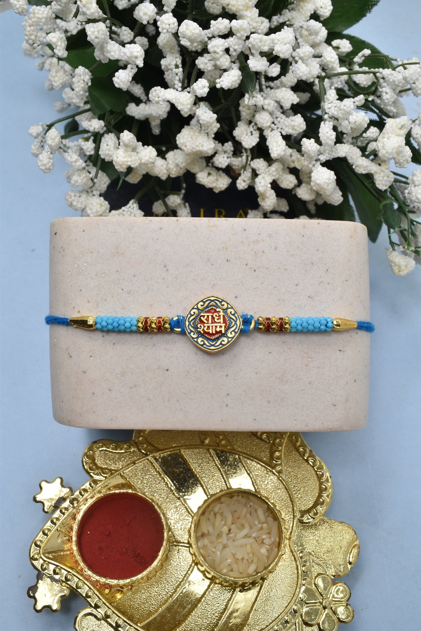 Rakhi Radhe shyam Rakhi with Blue Beads Rakhis  Set of 5 Rakhi   with Pack of Roli Chawal n Card |rakhi for brother|Bhaiya Rakhi | Kids rakhi |Rakhi for kids|Rakhi for Bhaiya