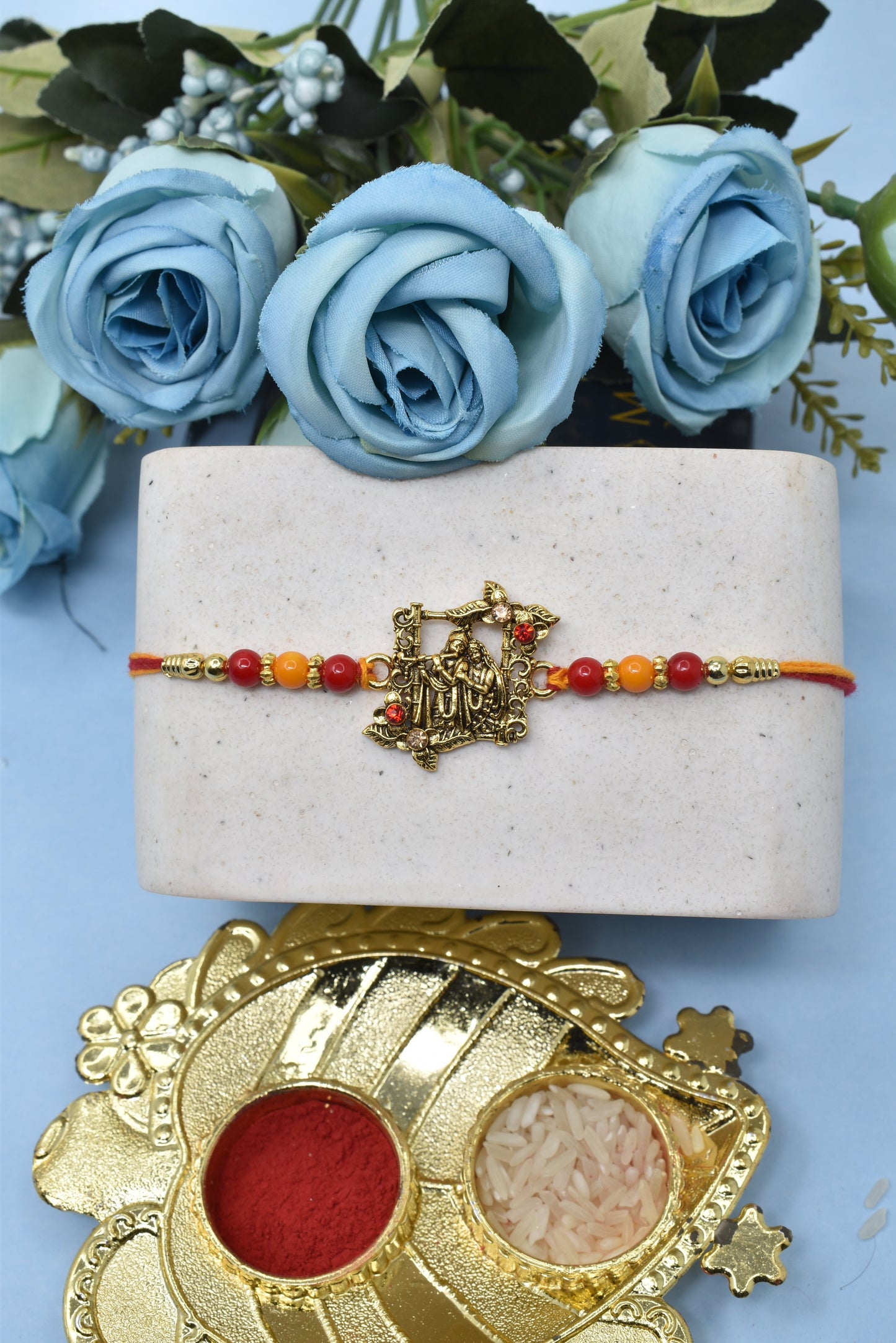 Divine Shree Radha-Krishna With Bansuri Gold plated Multicolored  Rakhis  Set of 5 Rakhi   with Pack of Roli Chawal n Card |rakhi for brother|Bhaiya Rakhi | Kids rakhi |Rakhi for kids|Rakhi for Bhaiya