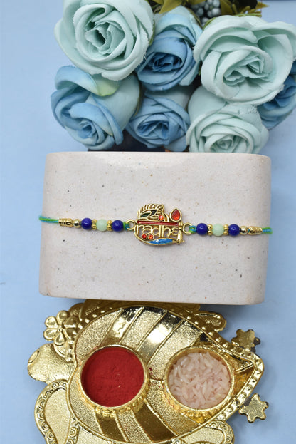 Divine Radha With Peacock  Kundan Multicolored  Rakhis Set of 2 Rakhi  Made from Cotton Threds with Pack of Roli Chawal n Rakshabandhan Greetings Card |rakhi for brother|Bhaiya Rakhi | Kids rakhi |Rakhi for kids|Rakhi for Bhaiya