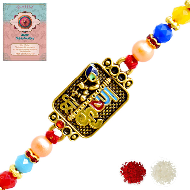 Divine Shree Krishna with Bansuri Kundan Multicolored Rakhis 1 Rakhi M ...