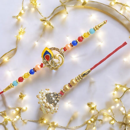 पारंपरिक मोरपंख डिज़ाइन भैया भाभी राखी सेट, रक्षाबंधन पर भाई के लिए 2 राखी का उत्तम सेट