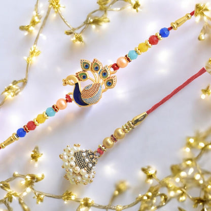 पारंपरिक मोर डिजाइन भैया भाभी राखी सेट, रक्षाबंधन पर भाई के लिए 2 राखी का उत्तम सेट