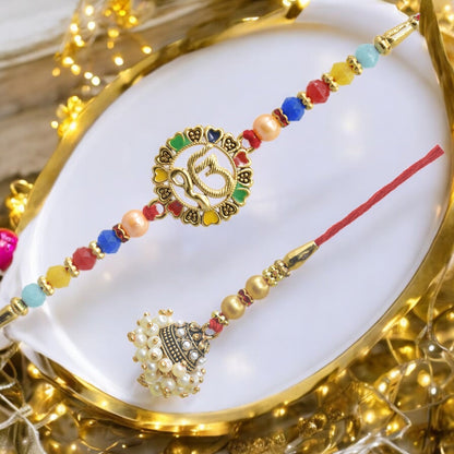 Traditional om Design Bhaiya Bhabhi Rakhi Set ,Exquisite Set of 2 Rakhi for Brother on Raksha Bandhan