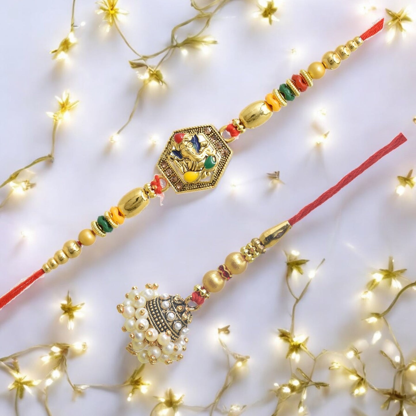 पारंपरिक गणेश डिज़ाइन भैया भाभी राखी सेट, रक्षाबंधन पर भाई के लिए 2 राखी का उत्तम सेट