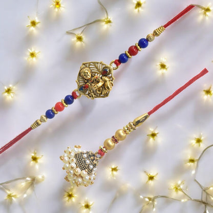 पारंपरिक कृष्णा डिज़ाइन भैया भाभी राखी सेट, रक्षाबंधन पर भाई के लिए 2 राखी का उत्तम सेट