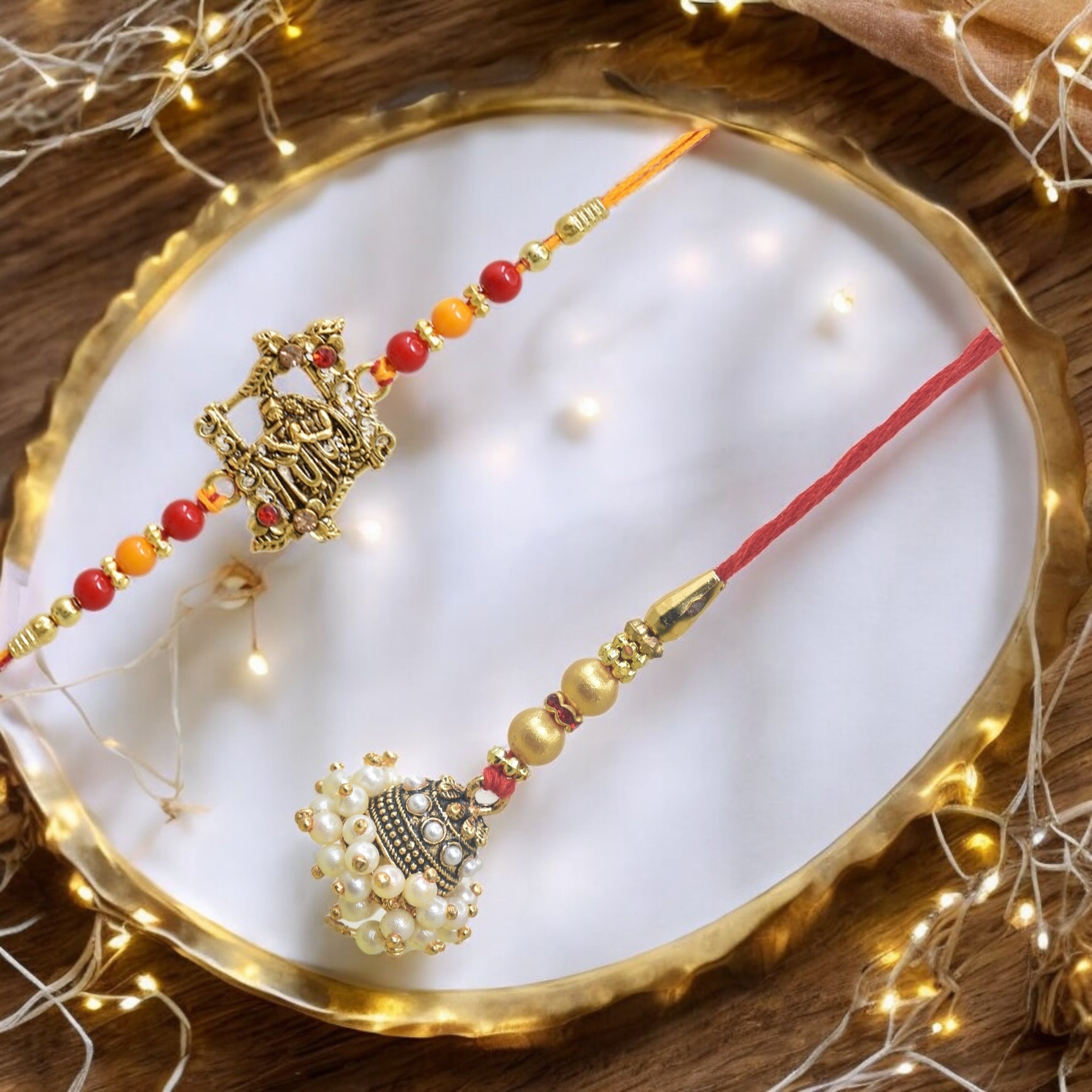 Traditional Radha KrishnaDesign Bhaiya Bhabhi Rakhi Set ,Exquisite Set of 2 Rakhi for Brother on Raksha Bandhan