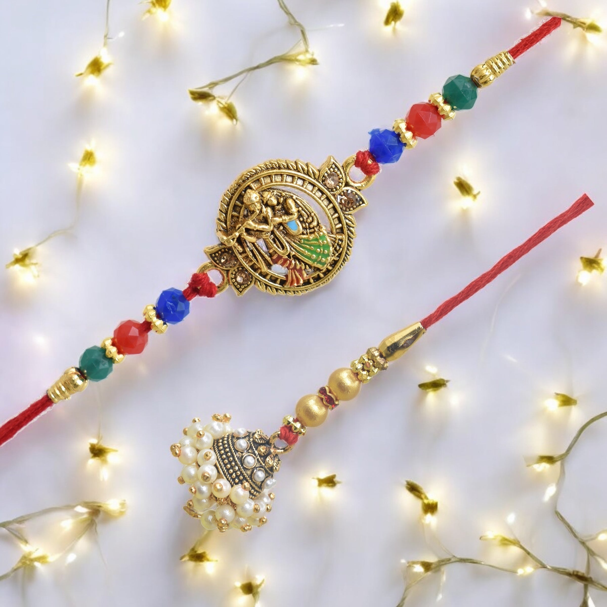 Traditional Radha KrishnaDesign Bhaiya Bhabhi Rakhi Set ,Exquisite Set of 2 Rakhi for Brother on Raksha Bandhan