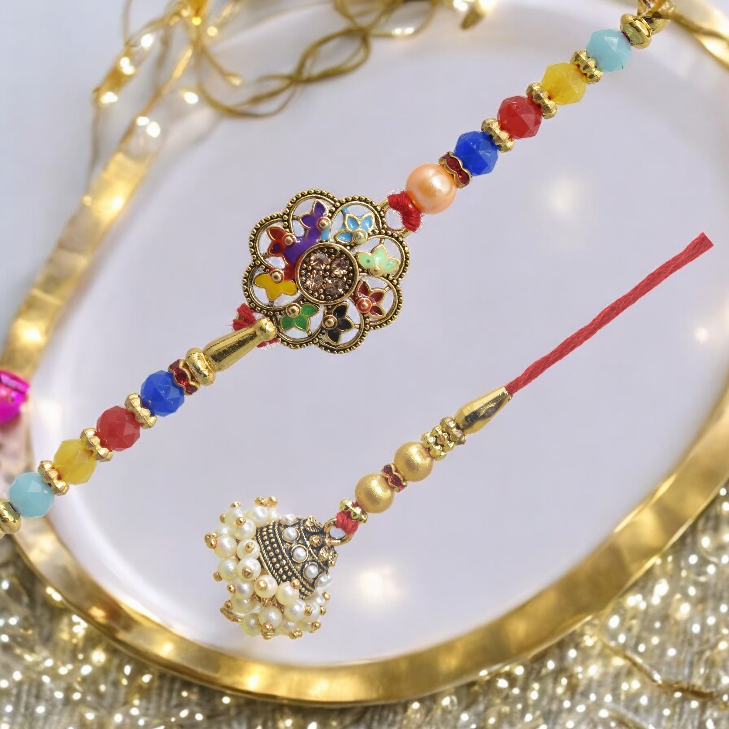 Traditional Flower Design Bhaiya Bhabhi Rakhi Set ,Exquisite Set of 2 Rakhi for Brother on Raksha Bandhan