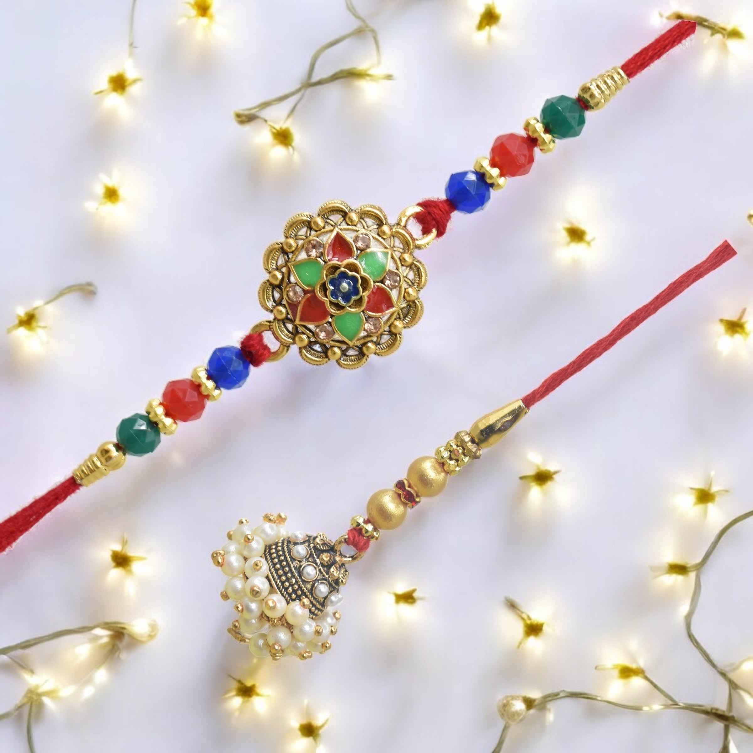 Traditional Flower Design Bhaiya Bhabhi Rakhi Set ,Exquisite Set of 2 Rakhi for Brother on Raksha Bandhan