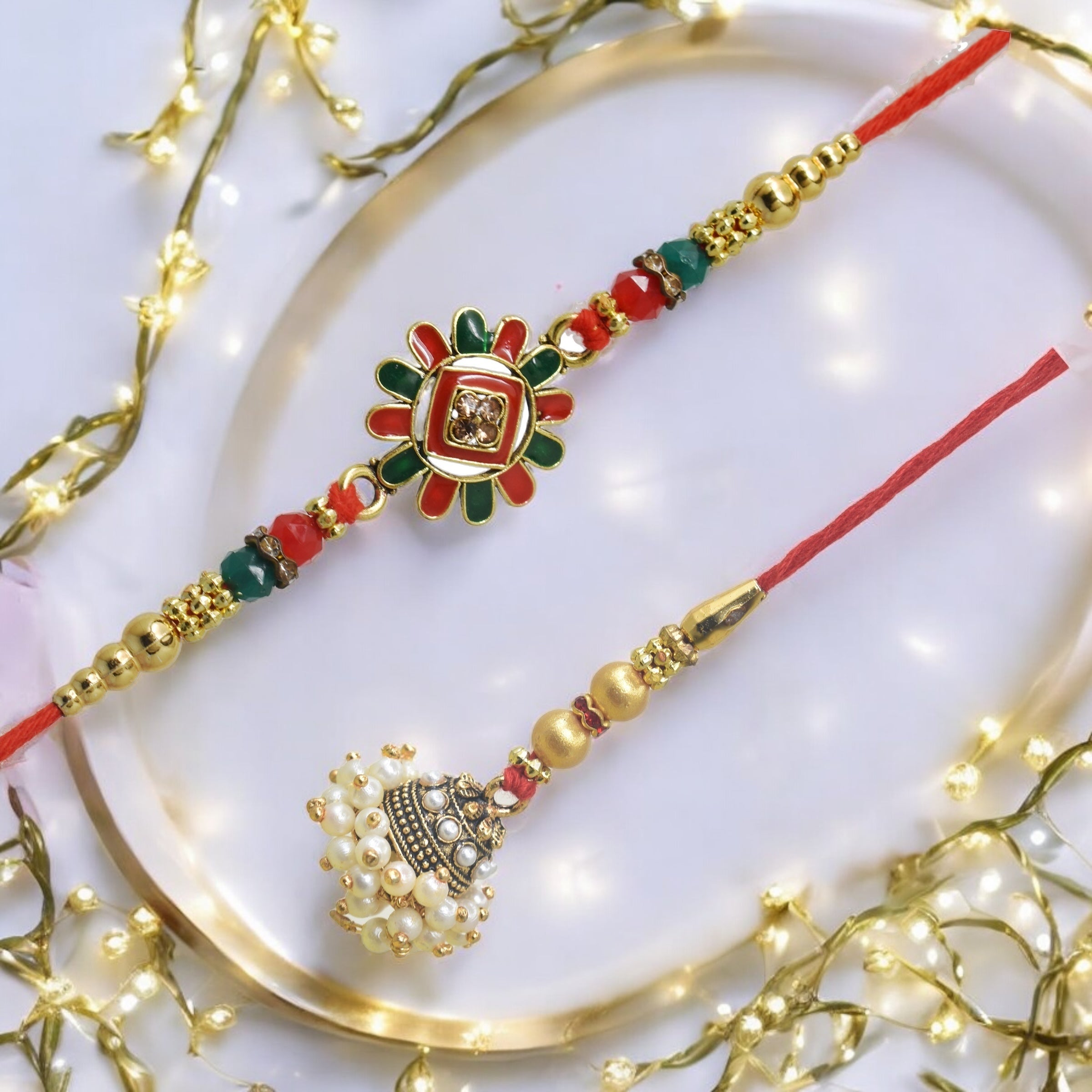 Traditional Flower Design Bhaiya Bhabhi Rakhi Set ,Exquisite Set of 2 Rakhi for Brother on Raksha Bandhan