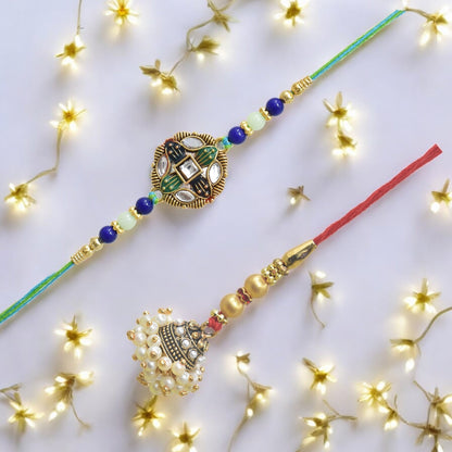 पारंपरिक पुष्प डिजाइन भैया भाभी राखी सेट, रक्षाबंधन पर भाई के लिए 2 राखी का उत्तम सेट