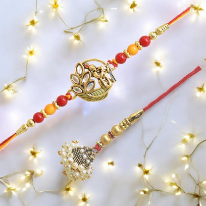 Traditional Radhe Krishna Design Bhaiya Bhabhi Rakhi Set ,Exquisite Set of 2 Rakhi for Brother on Raksha Bandhan