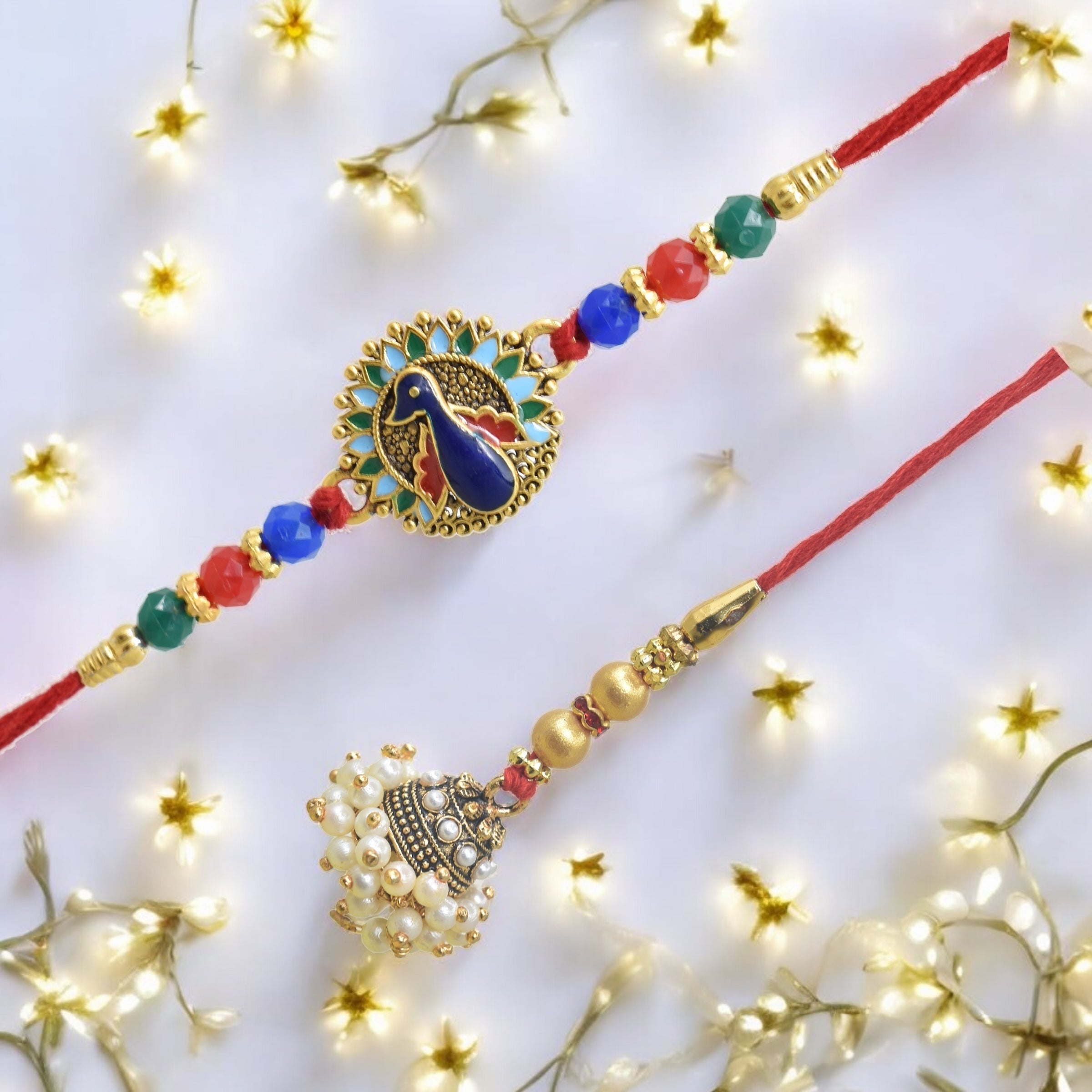 Traditional Peacock Design Bhaiya Bhabhi Rakhi Set ,Exquisite Set of 2 Rakhi for Brother on Raksha Bandhan