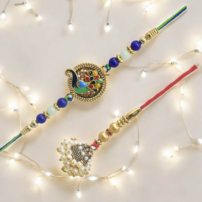 Traditional Peacock Design Bhaiya Bhabhi Rakhi Set ,Exquisite Set of 2 Rakhi for Brother on Raksha Bandhan