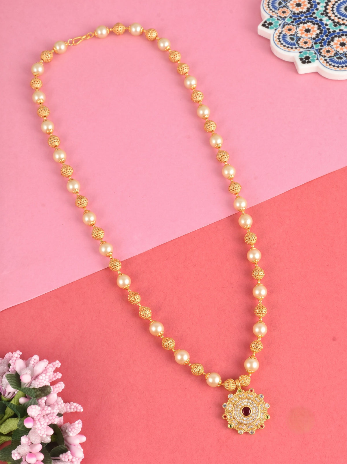 Traditional Pearl Beaded Pendant Mala Necklace for Women