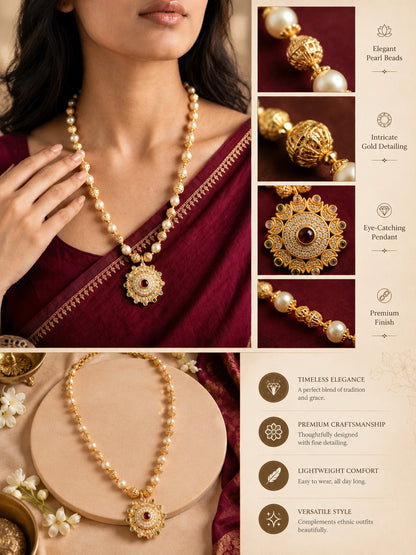 Traditional Pearl Beaded Pendant Mala Necklace for Women