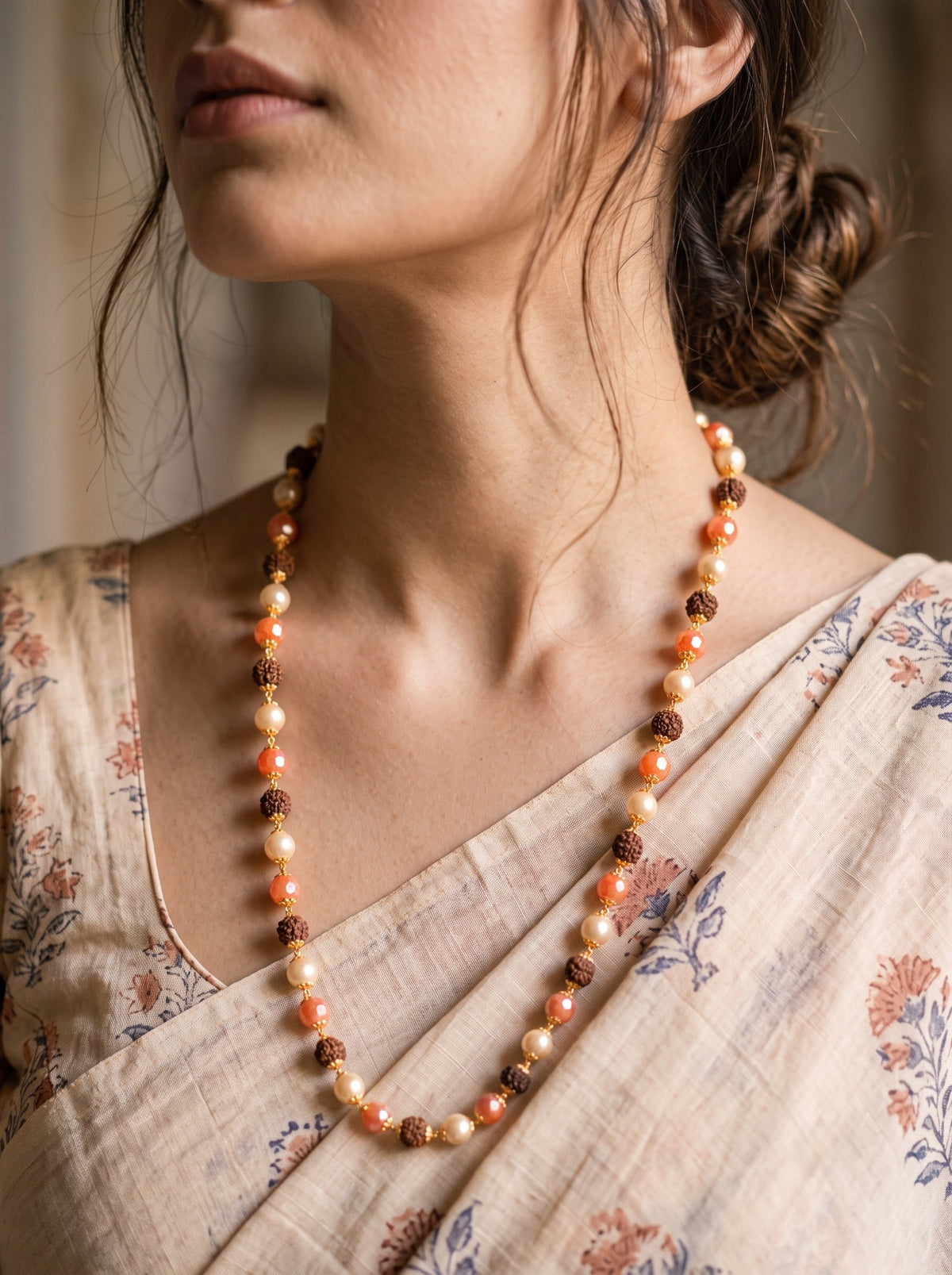Gold-Plated 24 Inch Rudraksha & Pearl Beaded Mala for Women