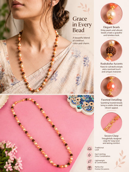 Gold-Plated 24 Inch Rudraksha & Pearl Beaded Mala for Women