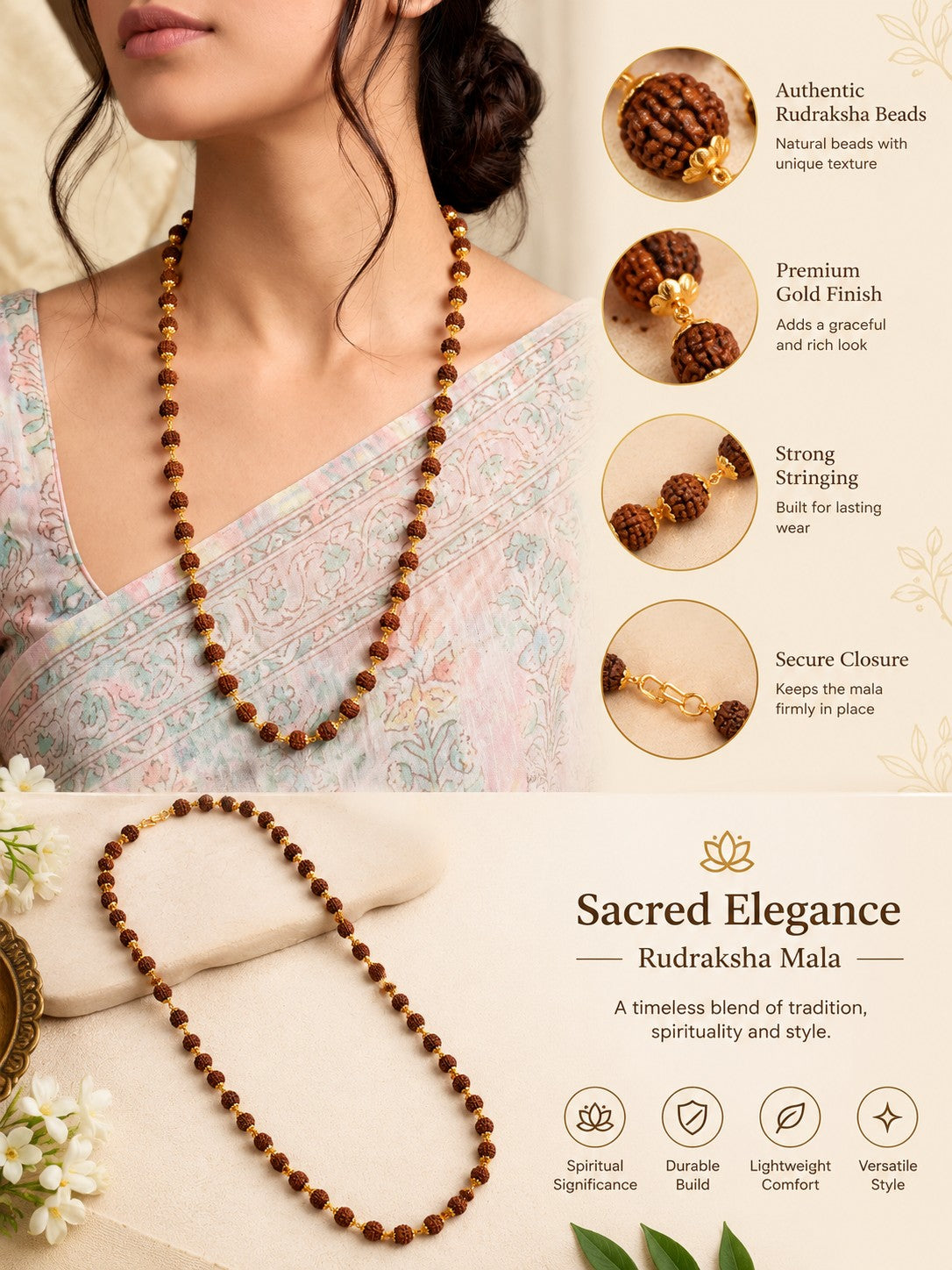 Traditional Gold-Plated 24 Inch Rudraksha Mala for Women