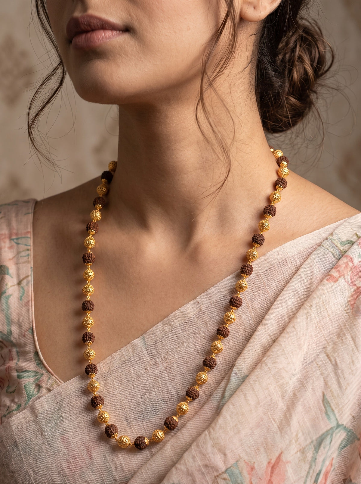 Gold-Plated Rudraksha & Textured Bead Long Mala for Women