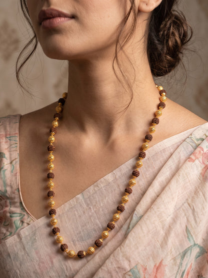 Gold-Plated Rudraksha & Textured Bead Long Mala for Women