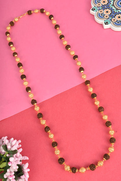 Gold-Plated Rudraksha & Textured Bead Long Mala for Women