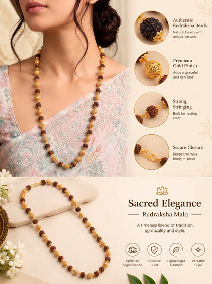 Gold-Plated Rudraksha & Textured Bead Long Mala for Women