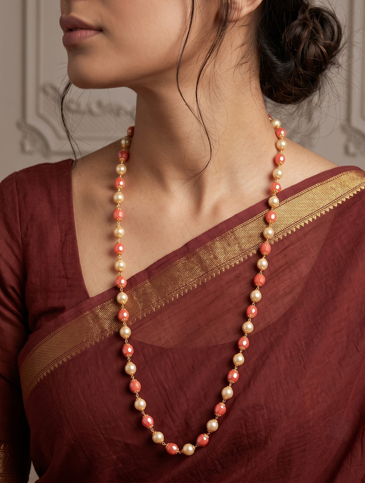 Gold-Plated 30 Inch Orange & Pearl Beaded Long Mala for Women