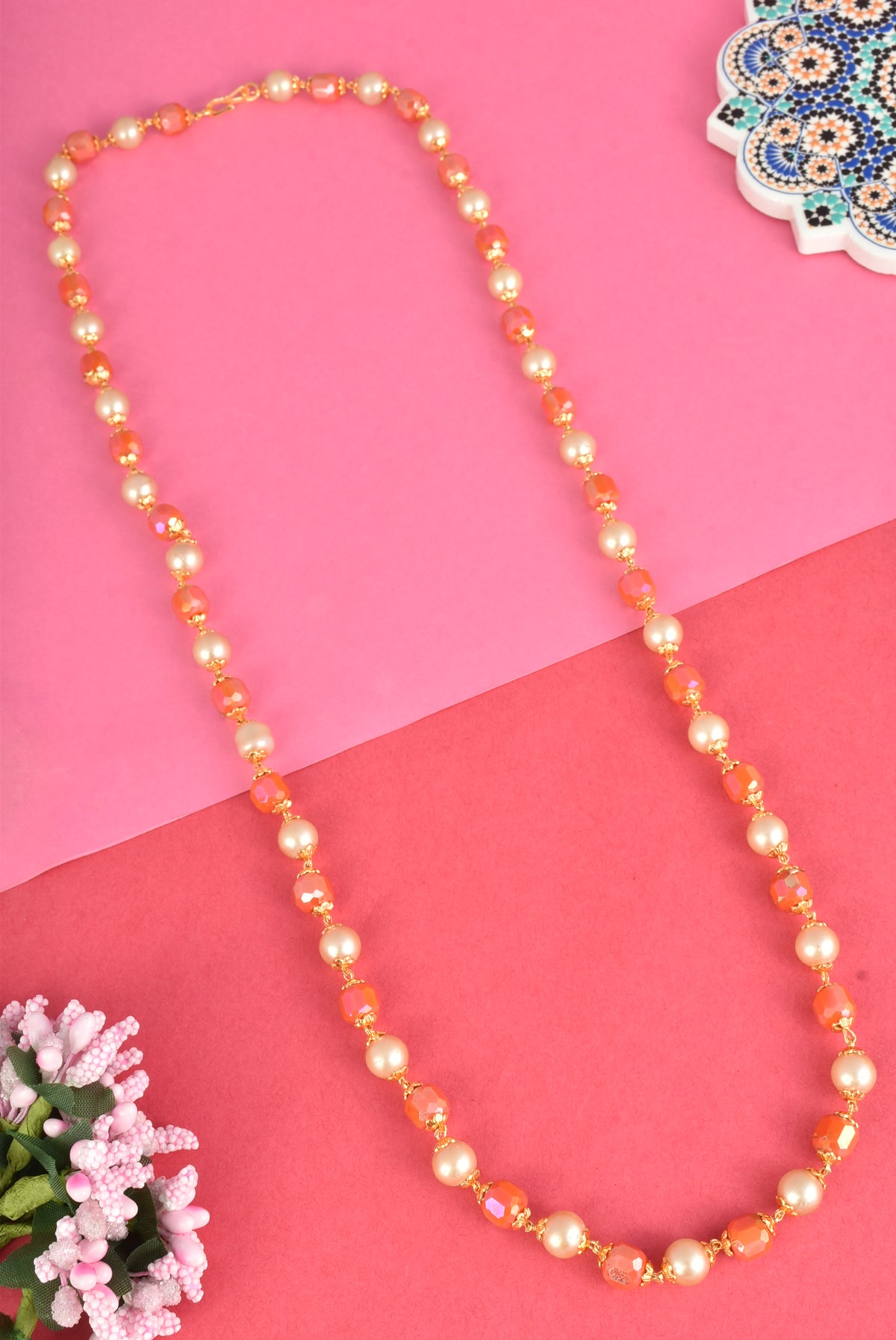 Gold-Plated 30 Inch Orange & Pearl Beaded Long Mala for Women