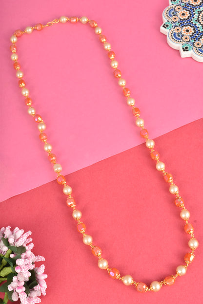 Gold-Plated 30 Inch Orange & Pearl Beaded Long Mala for Women