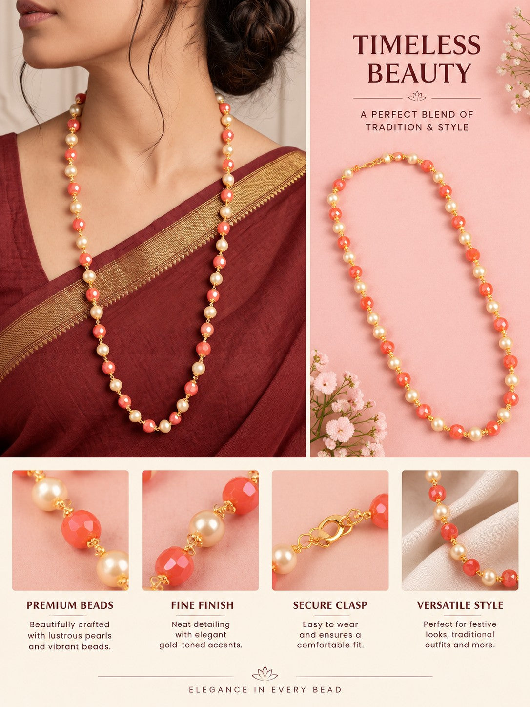 Gold-Plated 30 Inch Orange & Pearl Beaded Long Mala for Women
