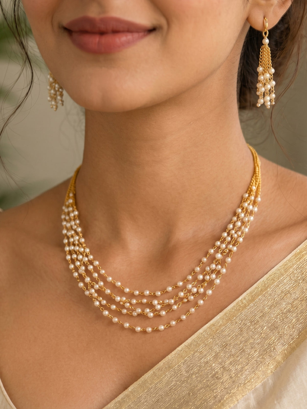 Traditional 5 Layer White Beaded Minimal Necklace Set for Women