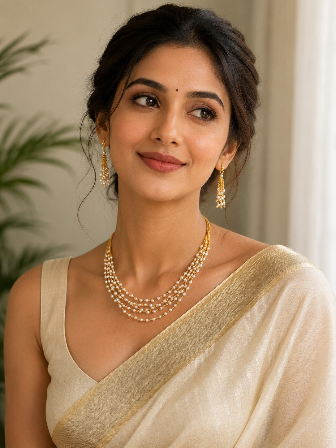 Traditional 5 Layer White Beaded Minimal Necklace Set for Women