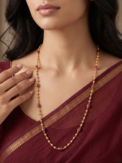 Gold-Plated Maroon Beaded Long Mala Necklace for Women