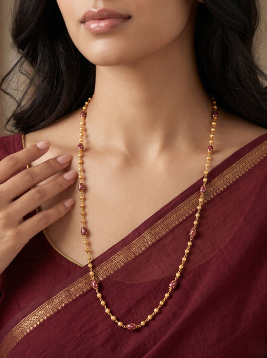 Gold-Plated Maroon Beaded Long Mala Necklace for Women
