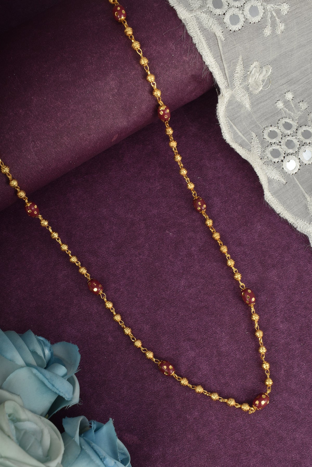 Gold-Plated Maroon Beaded Long Mala Necklace for Women