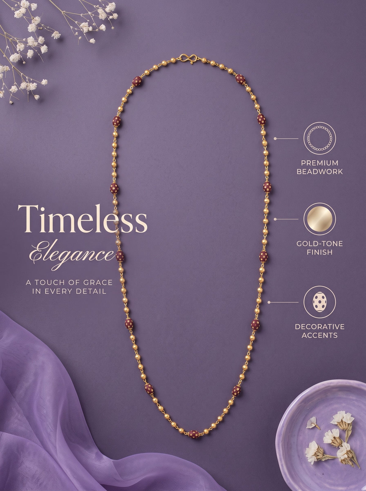 Gold-Plated Maroon Beaded Long Mala Necklace for Women