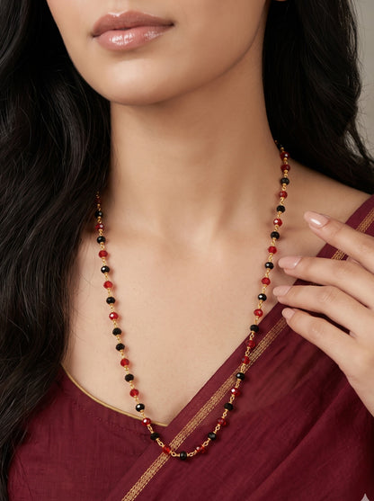 Gold-Plated Red & Black Beaded Long Mala for Women
