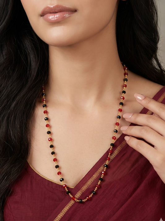 Gold-Plated Red & Black Beaded Long Mala for Women