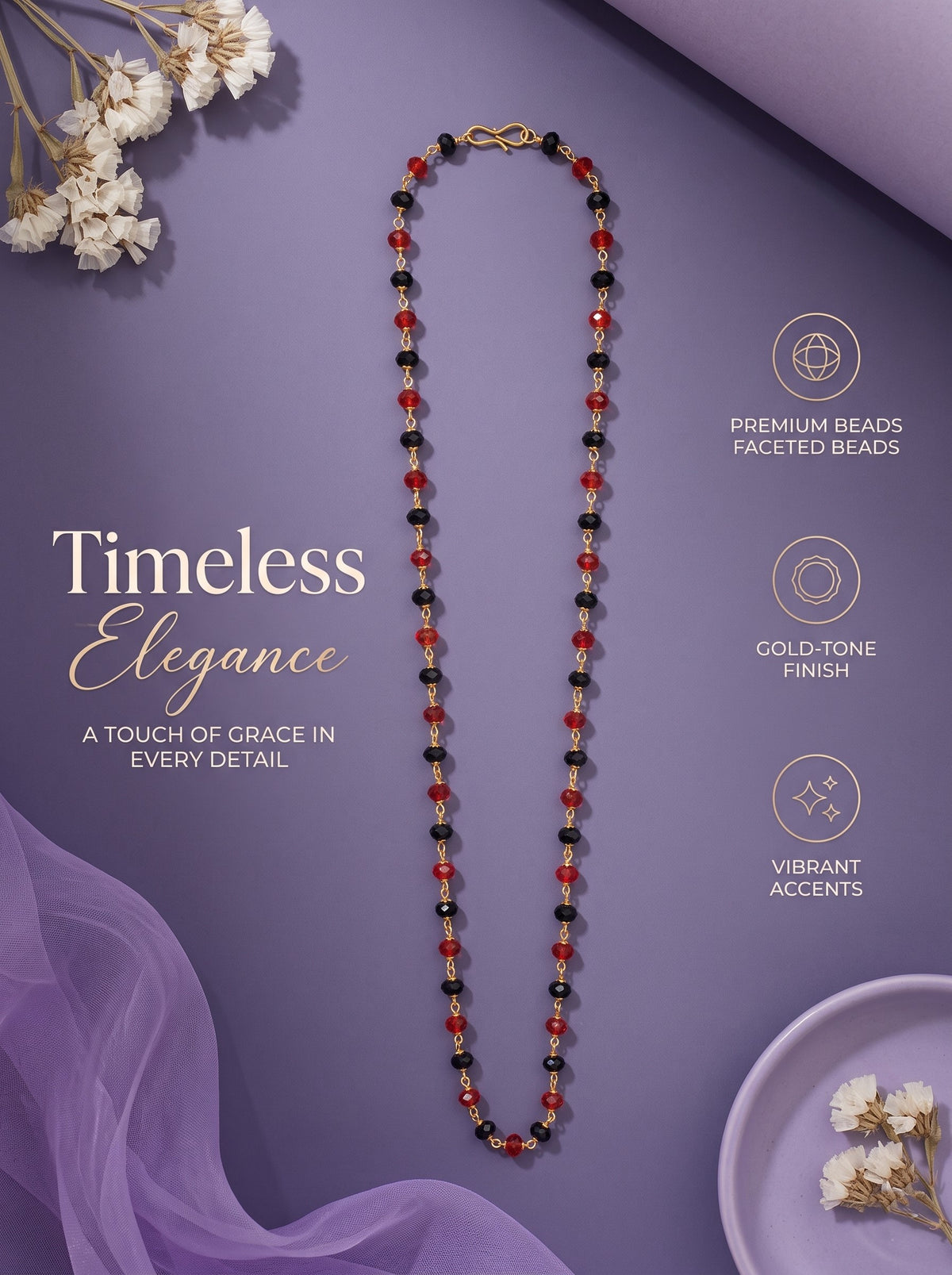 Gold-Plated Red & Black Beaded Long Mala for Women