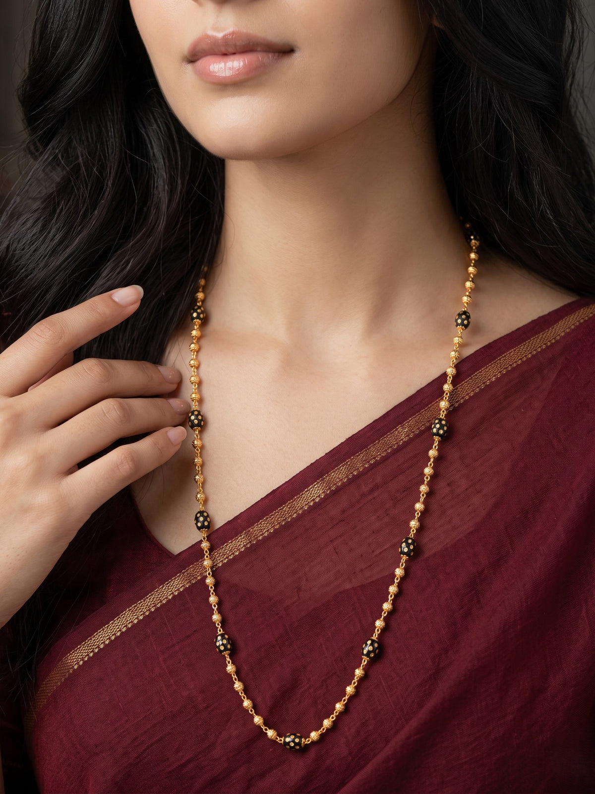 Gold-Plated Black Beaded Long Mala for Women