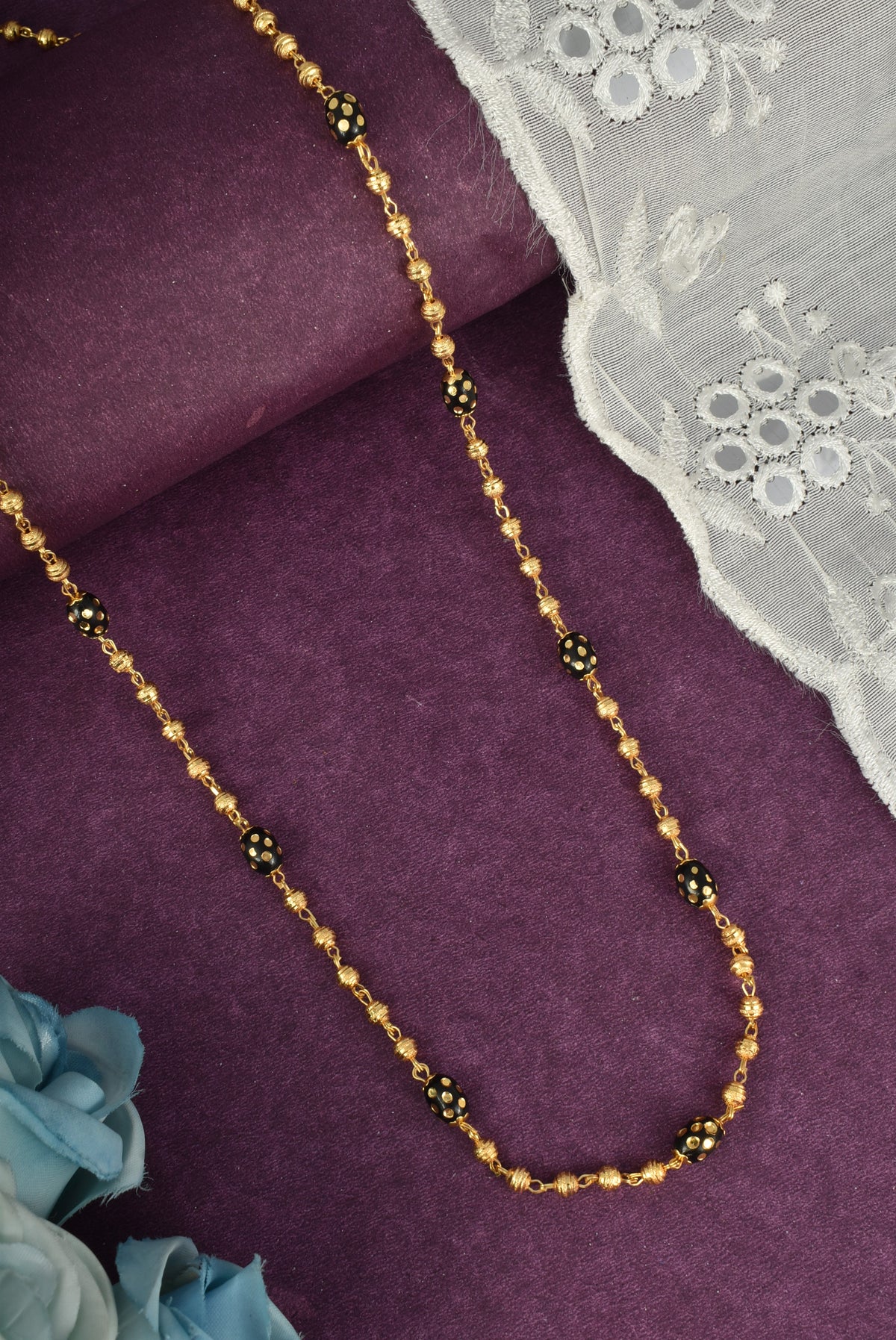 Gold-Plated Black Beaded Long Mala for Women