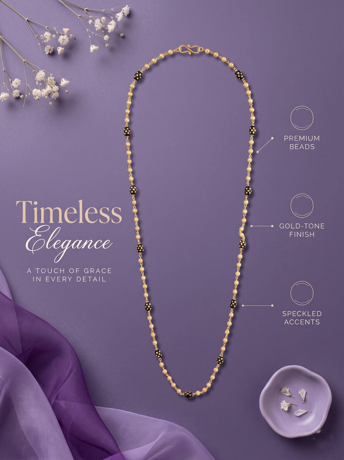 Gold-Plated Black Beaded Long Mala for Women