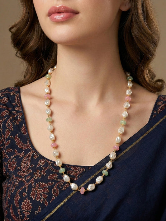 Meira Jewellery Pearl Beaded Necklace for Women, Pastel Pink Green Beads 24 inch Long Chain Necklace, Pearl Mala Necklace for Ethnic & Western Stylish Jewellery for Festive, Party, Wedding & Daily-01