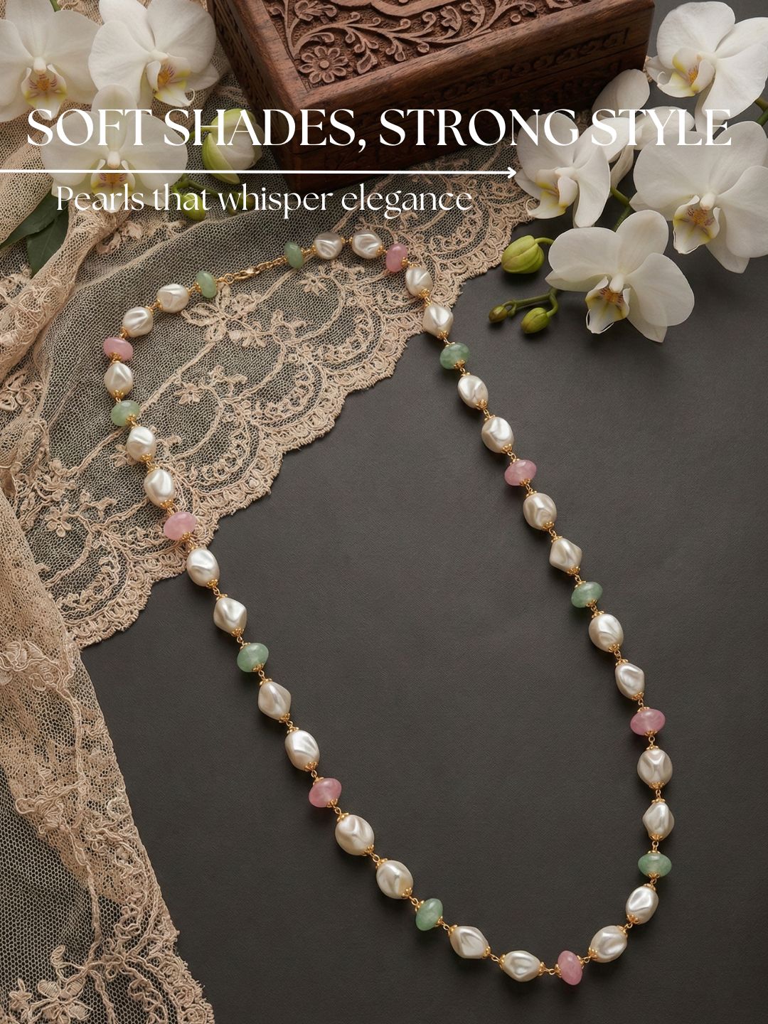 Meira Jewellery Pearl Beaded Necklace for Women, Pastel Pink Green Beads 24 inch Long Chain Necklace, Pearl Mala Necklace for Ethnic & Western Stylish Jewellery for Festive, Party, Wedding & Daily-01