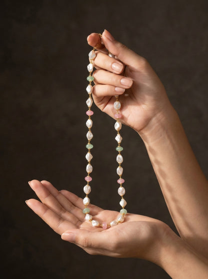 Meira Jewellery Pearl Beaded Necklace for Women, Pastel Pink Green Beads 24 inch Long Chain Necklace, Pearl Mala Necklace for Ethnic & Western Stylish Jewellery for Festive, Party, Wedding & Daily-01